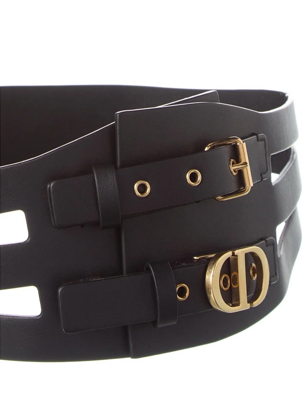 Dior Black Leather Double-Buckle Waist Belt with Gold Accents